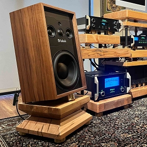 Gibraltar Speaker Stands for McIntosh ML1 using radiused rear supports, maple with clear satin finish, and polished brass footers and speaker support hardware.